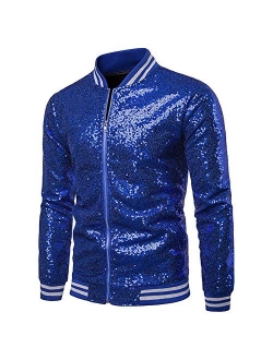 Mens Sequin Zipper Casual Blazer Top Metallic Party Bomber Jacket Coat