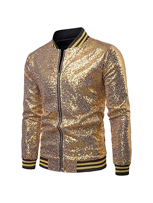 Mens Sequin Zipper Casual Blazer Top Metallic Party Bomber Jacket Coat