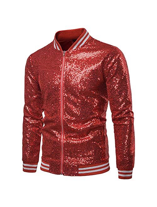 Mens Sequin Zipper Casual Blazer Top Metallic Party Bomber Jacket Coat