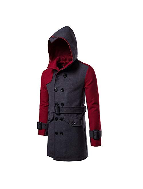 AOWOFS Men's Winter Mid Long Wool Blend Coat Double Breasted Warm Overcoat Stitching Color Trench Coat