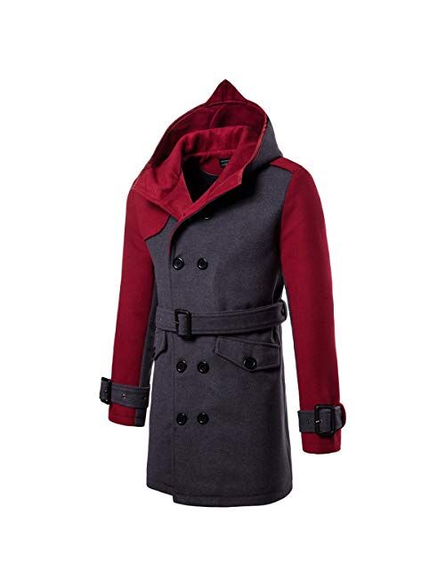 AOWOFS Men's Winter Mid Long Wool Blend Coat Double Breasted Warm Overcoat Stitching Color Trench Coat