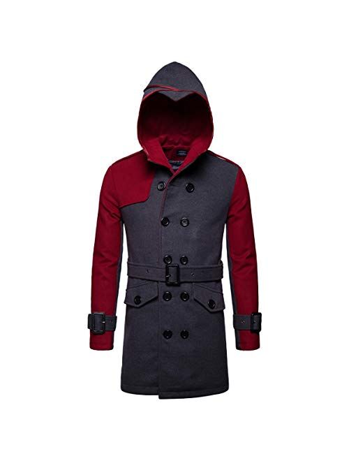 AOWOFS Men's Winter Mid Long Wool Blend Coat Double Breasted Warm Overcoat Stitching Color Trench Coat