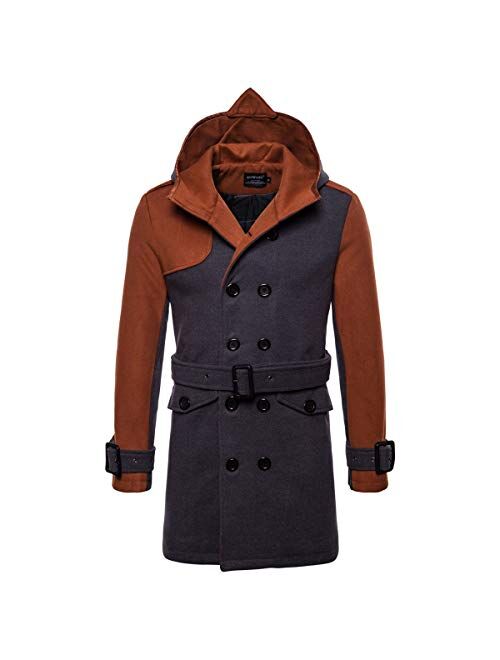 AOWOFS Men's Winter Mid Long Wool Blend Coat Double Breasted Warm Overcoat Stitching Color Trench Coat