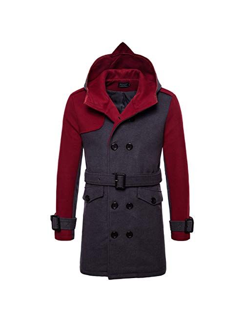 AOWOFS Men's Winter Mid Long Wool Blend Coat Double Breasted Warm Overcoat Stitching Color Trench Coat