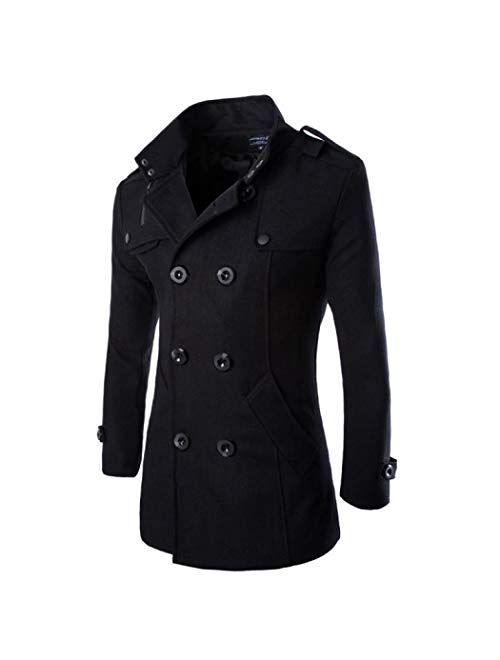 Comeon Mens Fashion Double Breasted Trench Coats Mid Long Wool Woolen Pea Coat Casual Lightweight Jacket Blazer Outerwear