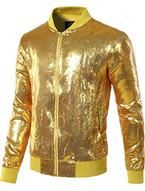 JOGAL Mens Sequins Nightclub Styles Zip up Varsity Baseball Bomber Jacket