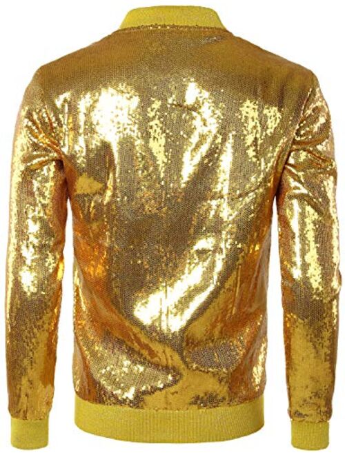 JOGAL Mens Sequins Nightclub Styles Zip up Varsity Baseball Bomber Jacket