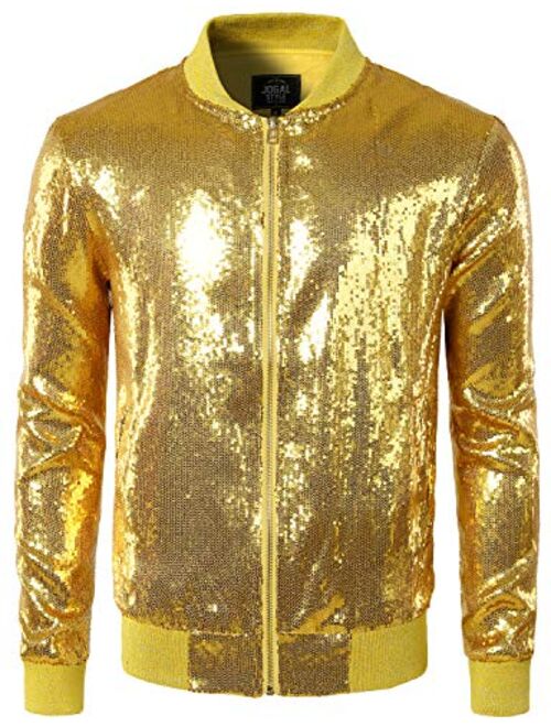 JOGAL Mens Sequins Nightclub Styles Zip up Varsity Baseball Bomber Jacket