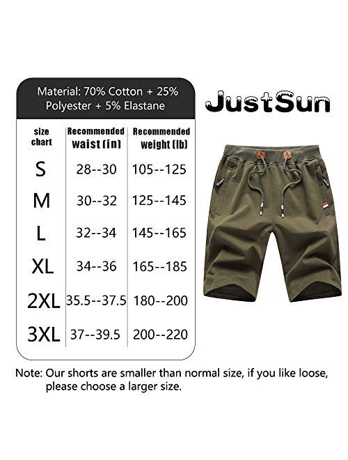 JustSun Mens Shorts Casual Sports with Elastic Waist Zipper Pockets