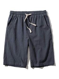 Men's Linen Casual Classic Fit 11 Inch Inseam Elastic Waist Shorts with Drawstring