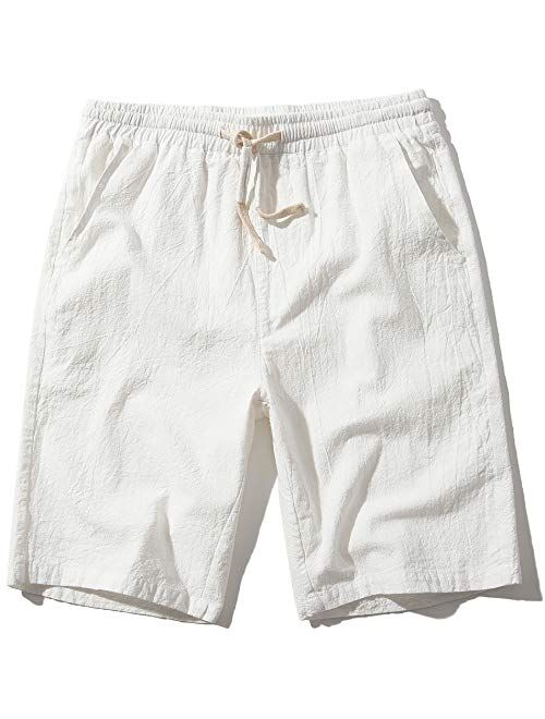 Men's Linen Casual Classic Fit 11 Inch Inseam Elastic Waist Shorts with Drawstring