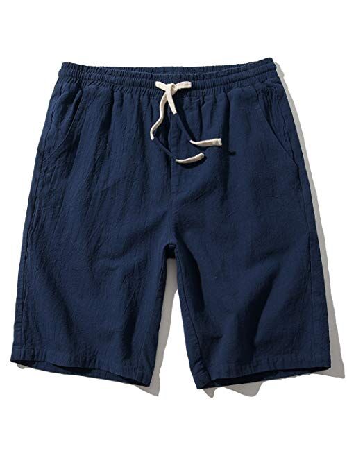 Men's Linen Casual Classic Fit 11 Inch Inseam Elastic Waist Shorts with Drawstring