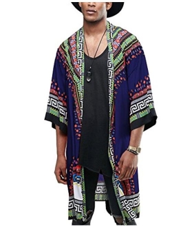 Mens African Dashiki Print Ruffle Shawl Collar Cardigan Lightweight Long Length Drape Cape