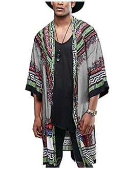 Mens African Dashiki Print Ruffle Shawl Collar Cardigan Lightweight Long Length Drape Cape