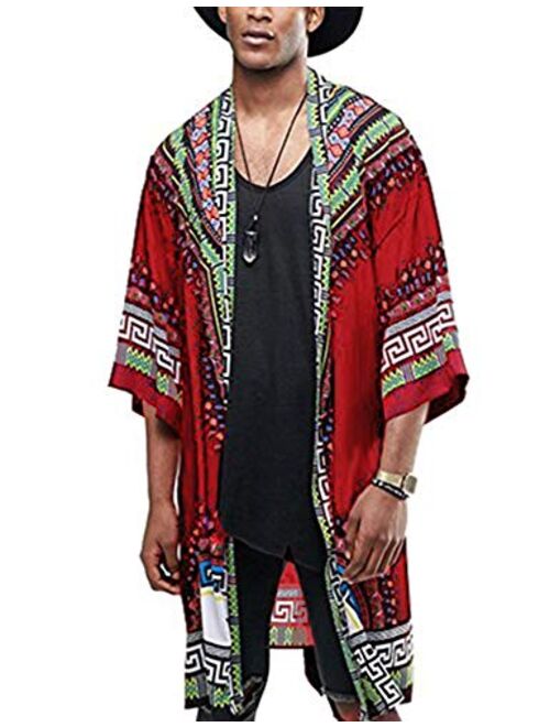 COOFANDY Mens African Dashiki Print Ruffle Shawl Collar Cardigan Lightweight Long Length Drape Cape