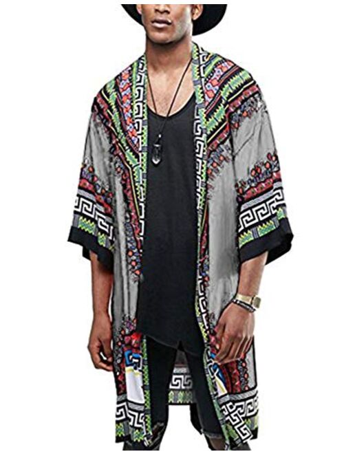 COOFANDY Mens African Dashiki Print Ruffle Shawl Collar Cardigan Lightweight Long Length Drape Cape