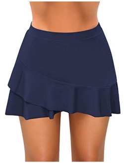 Utyful Women's Elastic Mid Waist Side Slit Pull Tie Build-in Brief Swim Skirt Swimsuit Bathing Suit Bottom