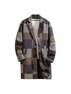 OMINA Mens Plaid Wool Coats Winter, Casual Warm Medium-Long Trench Coat Slim Fit Lapel Overcoat Outwear