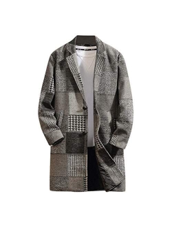 OMINA Mens Plaid Wool Coats Winter, Casual Warm Medium-Long Trench Coat Slim Fit Lapel Overcoat Outwear