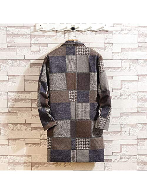 OMINA Mens Plaid Wool Coats Winter, Casual Warm Medium-Long Trench Coat Slim Fit Lapel Overcoat Outwear