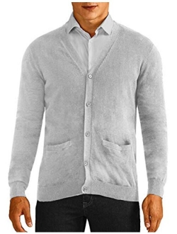 QUALFORT Mens Cardigan Sweater 100% Cotton Pockets Casual Slim Fit V-Neck Knitted Sweaters Button up