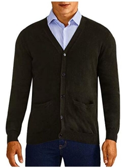 QUALFORT Mens Cardigan Sweater 100% Cotton Pockets Casual Slim Fit V-Neck Knitted Sweaters Button up