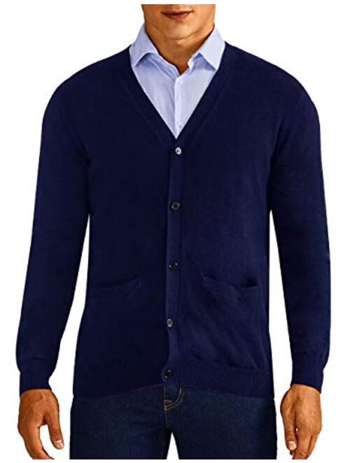 QUALFORT Mens Cardigan Sweater 100% Cotton Pockets Casual Slim Fit V-Neck Knitted Sweaters Button up