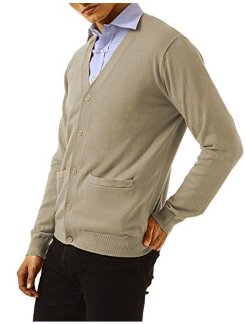 QUALFORT Mens Cardigan Sweater 100% Cotton Pockets Casual Slim Fit V-Neck Knitted Sweaters Button up