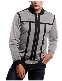 Mens Zip Up Contrast Color Stripe Slim Fit Bomber Jacket Coat