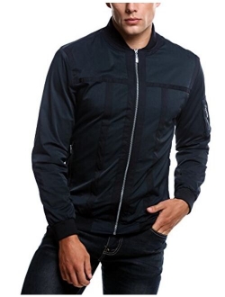 Mens Zip Up Contrast Color Stripe Slim Fit Bomber Jacket Coat