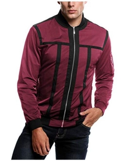 Mens Zip Up Contrast Color Stripe Slim Fit Bomber Jacket Coat