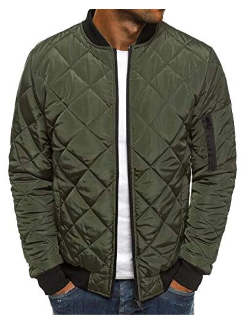 Mens Bomber Jacket Varsity Diamond Quilted Slim Fit Lightweight Flight Softshell Winter Jackets Pilot Full Zip Coats