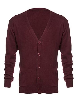 Knit Minded Mens Flat Knit Long Sleeve V-Neck Two Pocket Button Down Cardigan Sweater (See More Sizes)