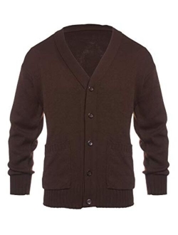 Knit Minded Mens Flat Knit Long Sleeve V-Neck Two Pocket Button Down Cardigan Sweater (See More Sizes)