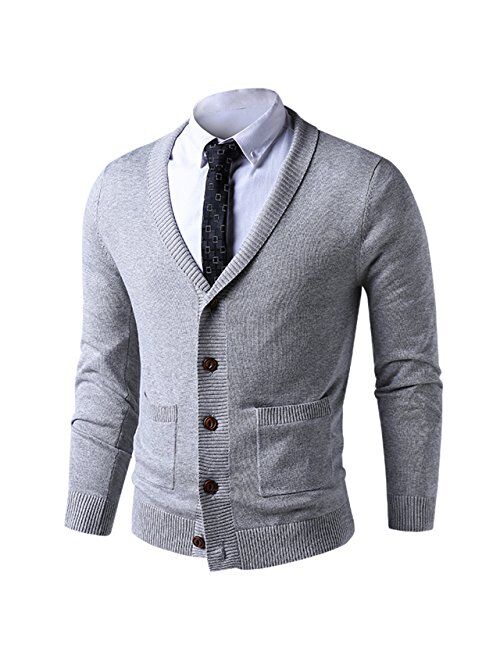 LTIFONE Mens Slim Fit Soft Cable Knit Shawl Collar Button Down Cardigan Sweater with Ribbing Edge