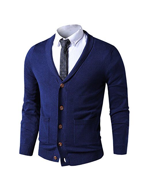 LTIFONE Mens Slim Fit Soft Cable Knit Shawl Collar Button Down Cardigan Sweater with Ribbing Edge