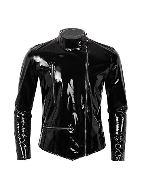 Agoky Men's Shiny Metallic Faux Leather Front-Zip Mock Neck Nightclub Stylish Motorcycle Jacket Biker Coat