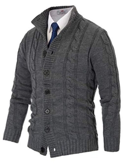 Mens Casual Stand Collar Cable Knitted Button Down Cardigan Sweater