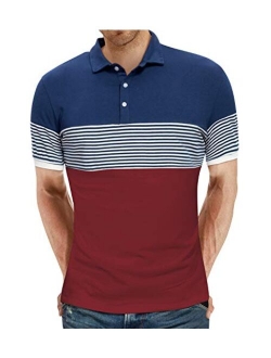 YTD Men's Short Sleeve Polo Shirts Casual Slim Fit Contrast Color Stitching Stripe Cotton Shirts