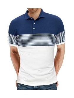 YTD Men's Short Sleeve Polo Shirts Casual Slim Fit Contrast Color Stitching Stripe Cotton Shirts