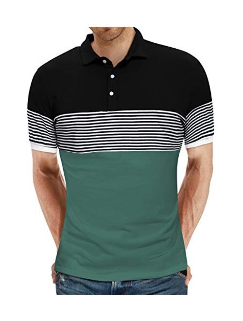 YTD Men's Short Sleeve Polo Shirts Casual Slim Fit Contrast Color Stitching Stripe Cotton Shirts