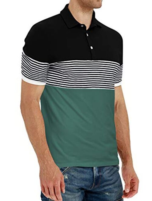 YTD Men's Short Sleeve Polo Shirts Casual Slim Fit Contrast Color Stitching Stripe Cotton Shirts