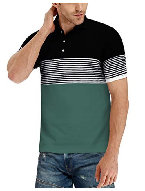 YTD Men's Short Sleeve Polo Shirts Casual Slim Fit Contrast Color Stitching Stripe Cotton Shirts