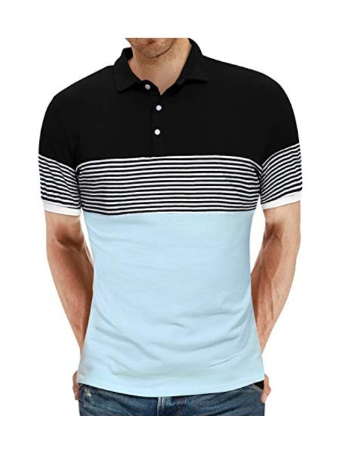 YTD Men's Short Sleeve Polo Shirts Casual Slim Fit Contrast Color Stitching Stripe Cotton Shirts