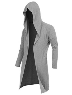 DOSWODE Mens Cardigan Long Open Front Draped Lightweight Hooded Sweater with Pockets