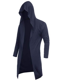 DOSWODE Mens Cardigan Long Open Front Draped Lightweight Hooded Sweater with Pockets