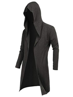 DOSWODE Mens Cardigan Long Open Front Draped Lightweight Hooded Sweater with Pockets