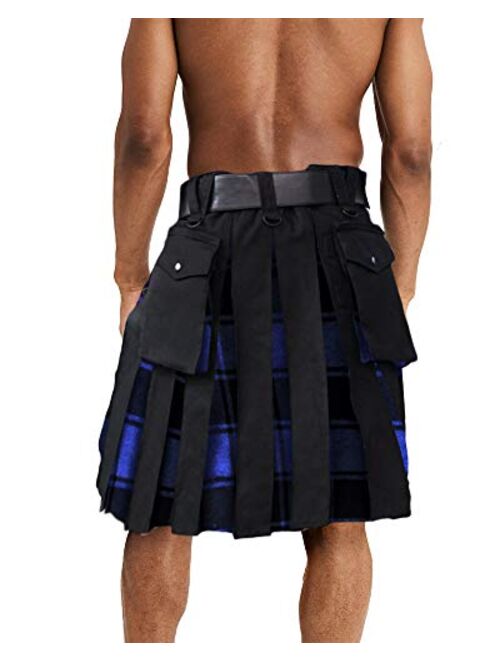 Mens Scottish Utility Kilt Tartan Pleated Irish Highland Plaid Kilts with Cargo Pockets