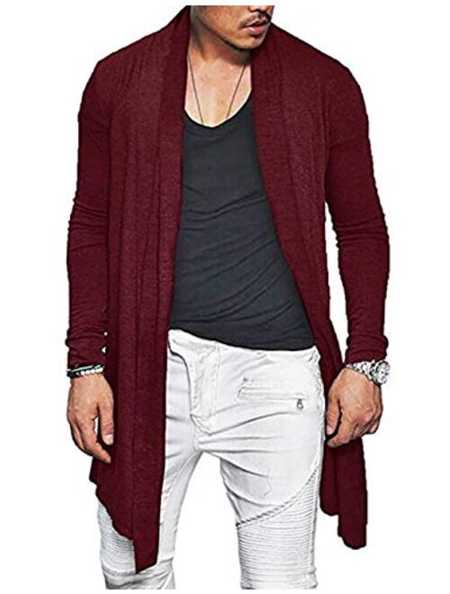 ZEGOLO Mens Long Cardigan Sweater Ruffle Shawl Open Front Drape Cape Overcoat with Pockets