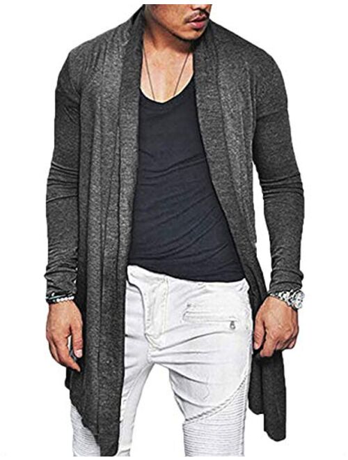 ZEGOLO Mens Long Cardigan Sweater Ruffle Shawl Open Front Drape Cape Overcoat with Pockets